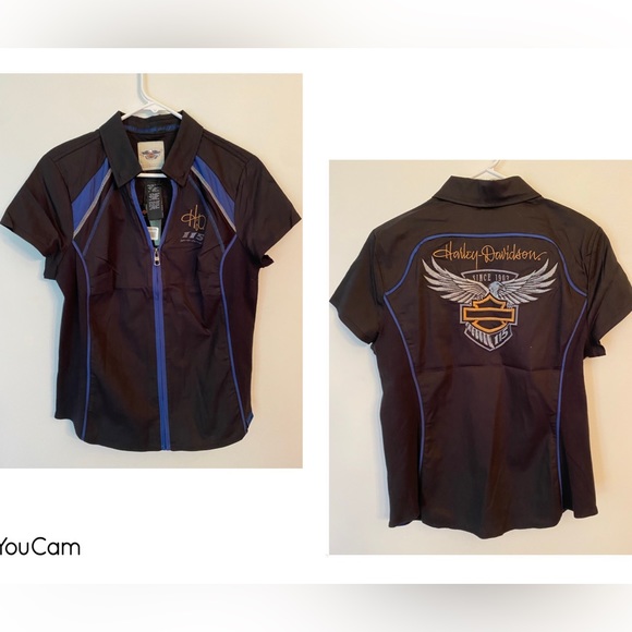 Harley Davidson 115 years embroidered eagle zip front v-neck short sleeve shirt - Picture 1 of 6